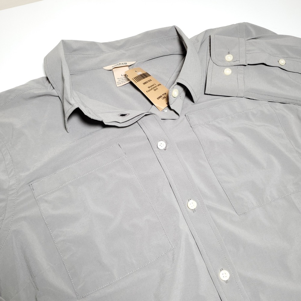 New Duluth Trading Flexcellence Womens Large Gray Long Sleeve Button Shirt